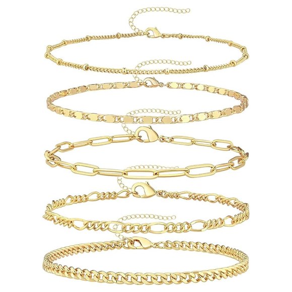 14K Gold Plated Stackable Layering‎ Bracelets Set Link Chain Minimalist Jewelry - Picture 3 of 4